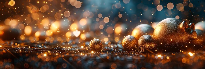 Panoramic Abstract Bokeh Lights Festive Background with Golden Orbs