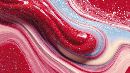 Photorealistic Abstract Swirling Liquid Paint in Red, Pink, Blue, and Cream with Glitter, Generative AI
