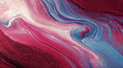 Photorealistic Abstract Swirling Liquid Paint in Red, Pink, Blue, and Cream with Glitter, Generative AI
