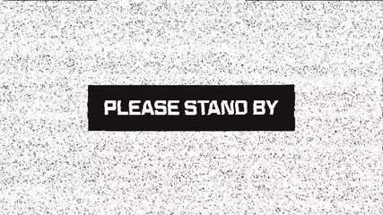 Television screen displaying static noise with a black rectangle containing white text reading please stand by. 4k animation overlay with alpha channel. - Powered by Adobe