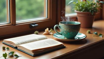 Open book with steaming teacup rests on wooden windowsill, offering moment of quiet relaxation, cozy comfort. Perfect for themes of reading, home lifestyle, or peaceful morning.