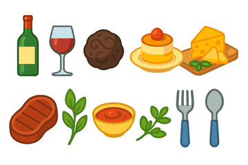 Food and drink flat icon set with wine, cheese, and dessert essentials