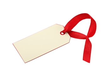 Blank cream gift tag with red satin ribbon tied through hole isolated on a transparent background blank tag