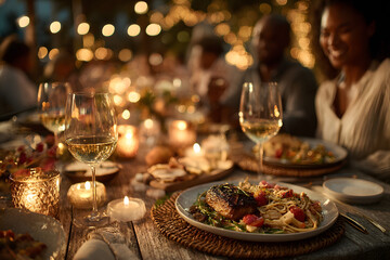 Romantic candlelight dinner table setup for couple with beautiful light as background. Man