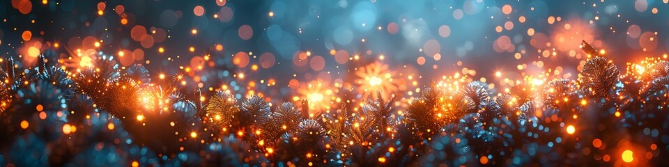 Panoramic view of glowing embers and bokeh lights creating a magical and festive atmosphere