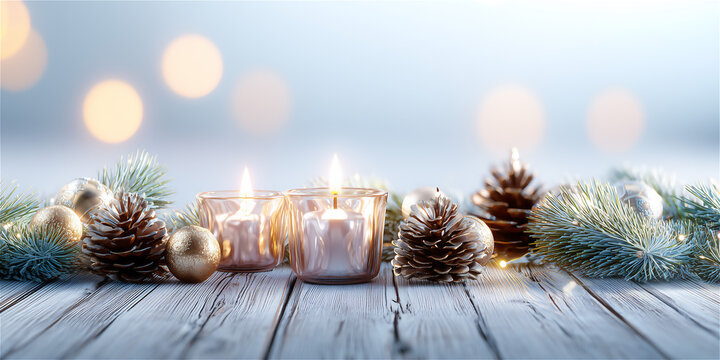 ウッドデッキの上に置かれた松ぼっくりやキャンドルのクリスマス背景