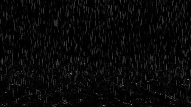 Heavy rainfall animation with ground water ripple effects on black background. 4K animated rain overlay for cinematic scenes, dramatic storytelling, weather effects, and video editing.