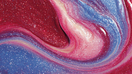Photorealistic Abstract Swirling Liquid Paint in Red, Pink, Blue, and Cream with Glitter, Generative AI
