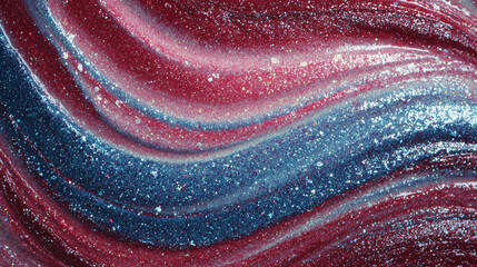 Photorealistic Abstract Swirling Liquid Paint in Red, Pink, Blue, and Cream with Glitter, Generative AI
