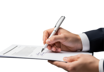 professional caucasian male hand in a dress shirt holding a sleek white pen above a legal contract's signature line on a high-key studio white background. Concept of legal documentation