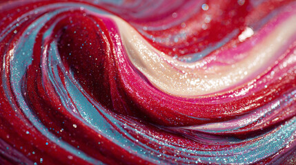 Photorealistic Abstract Swirling Liquid Paint in Red, Pink, Blue, and Cream with Glitter, Generative AI
