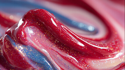 Photorealistic Abstract Swirling Liquid Paint in Red, Pink, Blue, and Cream with Glitter, Generative AI
