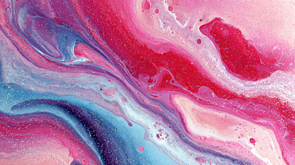 Photorealistic Abstract Swirling Liquid Paint in Red, Pink, Blue, and Cream with Glitter, Generative AI
