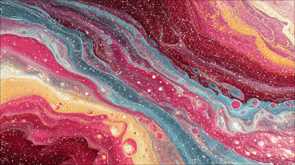 Photorealistic Abstract Swirling Liquid Paint in Red, Pink, Blue, and Cream with Glitter, Generative AI
