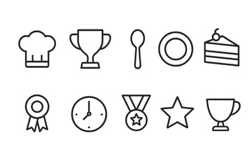 Kitchen and award line icon set. Cooking, dining, and trophy icons in outline style