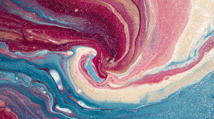 Photorealistic Abstract Swirling Liquid Paint in Red, Pink, Blue, and Cream with Glitter, Generative AI
