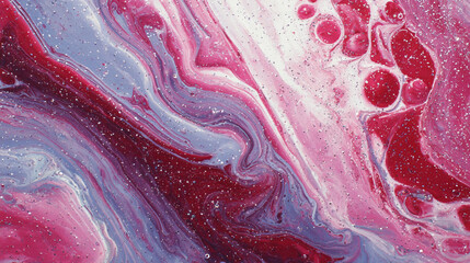 Photorealistic Abstract Swirling Liquid Paint in Red, Pink, Blue, and Cream with Glitter, Generative AI
