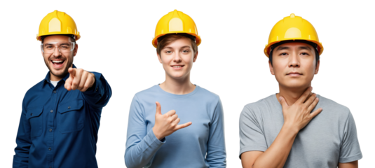 Three diverse young adult construction workers in yellow hard hats and safety gear, expressing different emotions and gestures on a transparent background