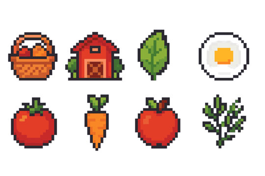 Pixel food and farm icon set. Retro, organic pixelated icons for healthy living