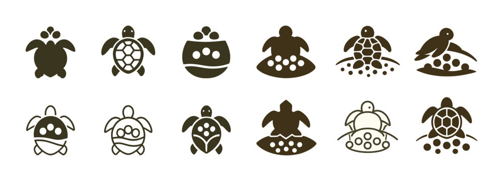 Turtle symbols: abstract turtle and egg icons in brown minimalist designs
