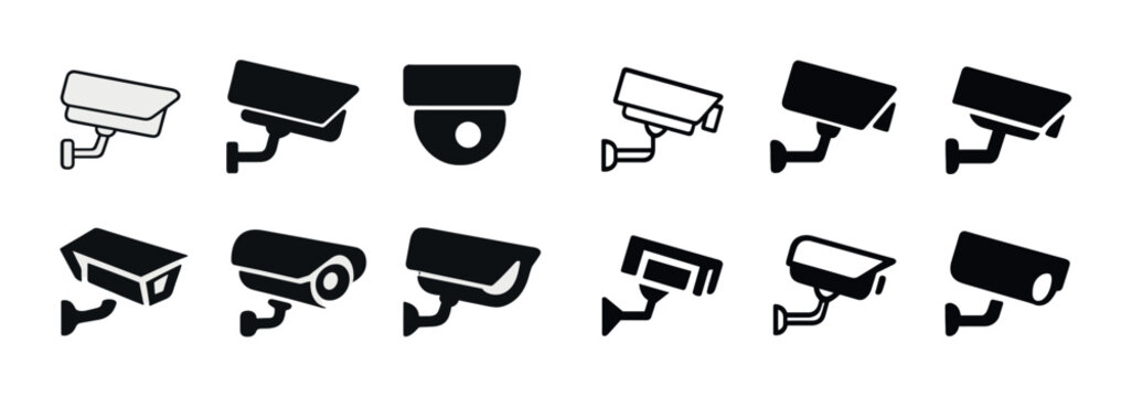 Set of cctv camera icons in black and white