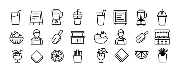 Set of juice bar icons including blender, juice, bowl, glass, menu, and snacks