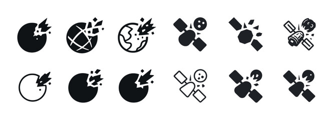 Impact icons: meteor, planet, satellite damage in black and white symbols