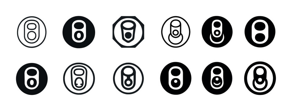 Twelve black and white soda can tab icon variations