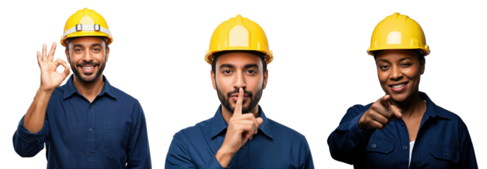 Diverse group of smiling construction workers, two men and one woman, wearing yellow hard hats and blue uniforms, making various hand gestures, isolated on transparent background.