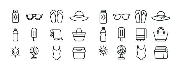 Summer icons collection: beach essentials including sunscreen, sunglasses, flip-flops, hat, water bottle, ice pop, towel, tote bag, fan, swimsuit, uv protection