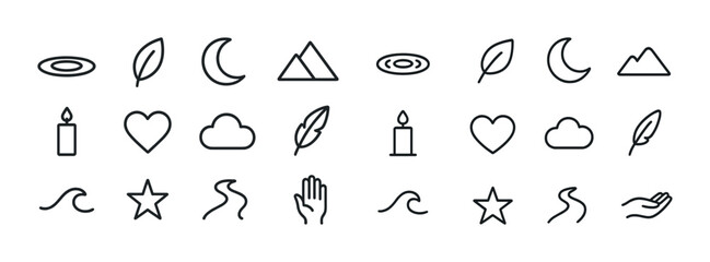 Minimalist line art icons: nature, objects, and shapes in black and white
