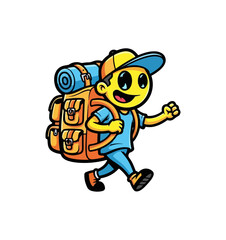 Naklejka premium Happy cartoon boy with large backpack ready for adventure.