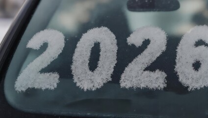 Frosty Numbers 2026 on Car Window Symbolizing New Year and Winter Season.