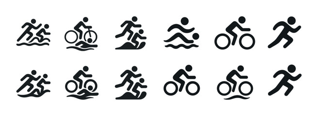 Fototapeta premium Triathlon icons: swim, bike, run - black silhouette set for fitness and sports