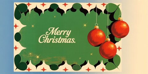 Retro inspired Christmas card featuring red ornaments and dark green leaves with cream trim