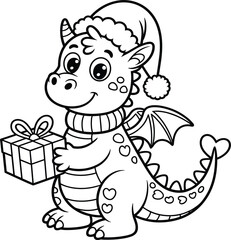 Cute cartoon baby dragon wearing a Santa hat and scarf, holding a Christmas gift box, adorable fantasy coloring page line art vector