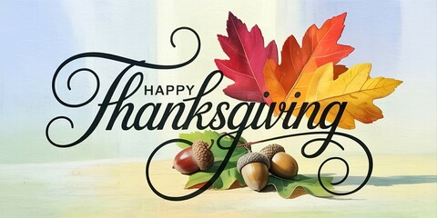 A charming Happy Thanksgiving greeting features colorful leaves and acorns in a painterly style