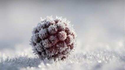 Frozen Pinecone Covered in Frost on a Snowy Surface.