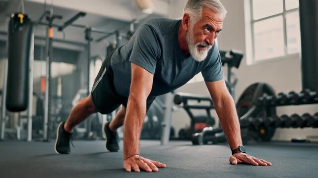 Active Senior Man Performing Push Ups in Modern Gym Highlighting Strength Training Healthy Lifestyle Fitness Motivation and Determination in Mature Age Workout Footage