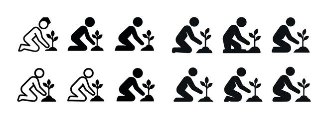 Obraz premium Icon set of people planting trees in various poses and styles