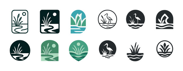 Diverse nature-inspired logo designs featuring reeds and birds