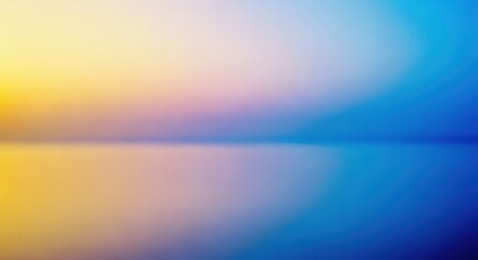 Fototapeta premium Abstract blurred background of yellow, purple, and blue gradients reflecting on a horizontal line, creating a serene, colorful horizon effect