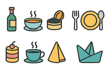 Food and dining icon set. Flat style icons for restaurant, cuisine, and dining themes