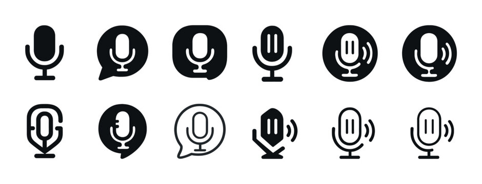 Set of microphone icons: black and white variations for audio and podcasting