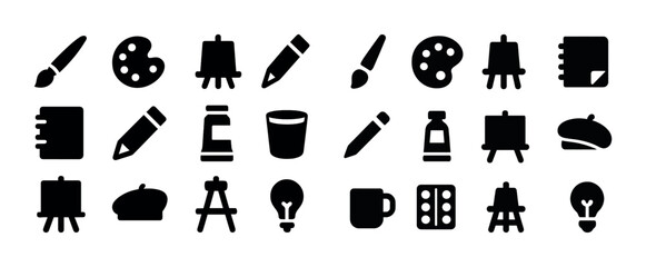 Fototapeta premium Art tools icons: paintbrush, easel, palette, pencil, paint bottle, beret