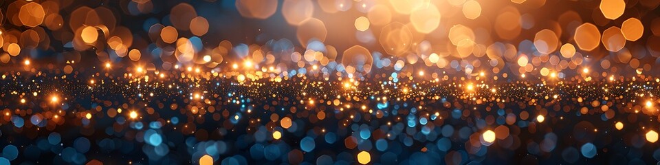 Panoramic Bokeh Lights - Abstract Background Featuring Golden and Blue Light Orbs