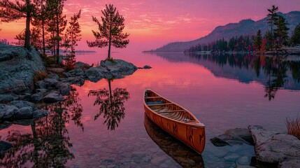 Dreamy lake landscape at sunrise vibrant pink and orange hues reflecting on calm water a lone canoe morning serenity