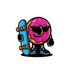 Cool Donut Character with Skateboard and Sunglasses Cartoon Illustration.