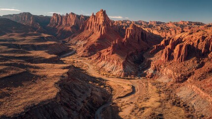 Aerial drone shot of a canyon at sunset deep red rock formations creating a scenic desert landscape