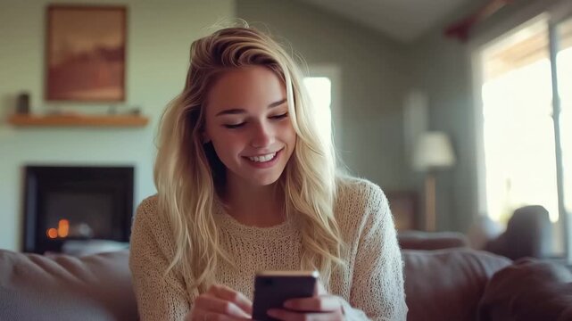 Cozy Moment: A woman, radiating serenity, engages with her phone in a warm, sunlit living room, finding peace in the simple joy of modern life.
